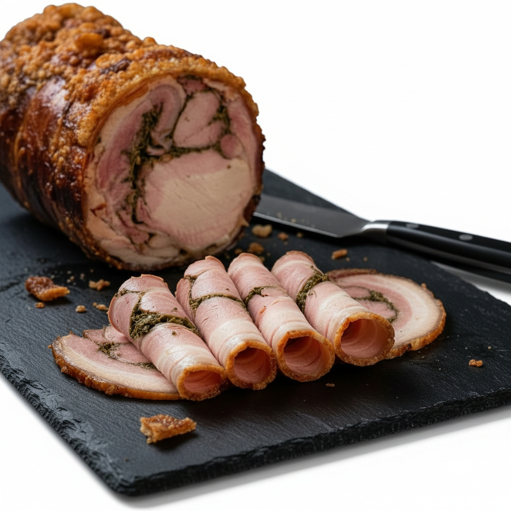 Porchetta affettata sfondo bianco