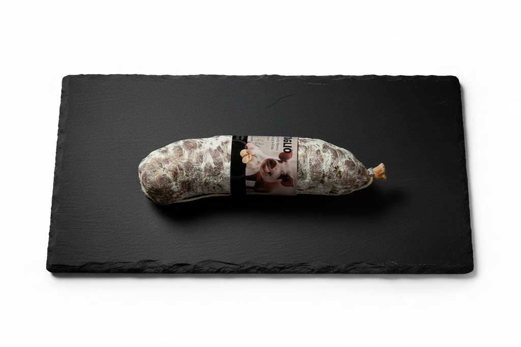 Salame su Tagliere di Ardesia con Sfondo Bianco